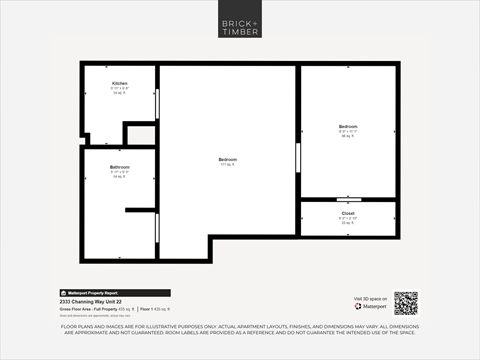Floor plan for 1 bed, 1 bath, 416 sqft